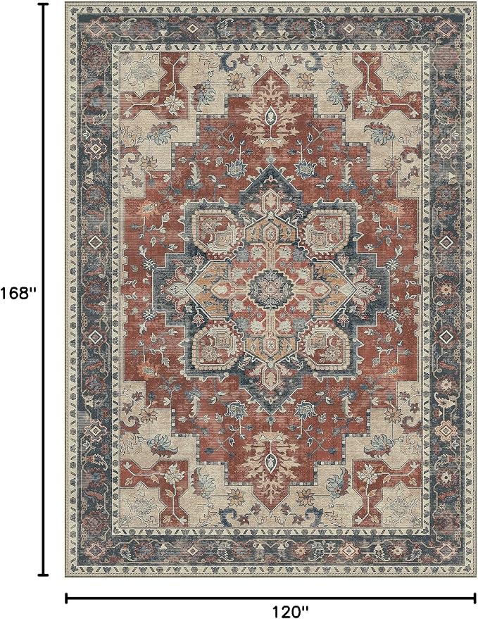 GENIMO 10x14 Area Rugs for Living Room, Machine Washable Non Slip Vintage Rugs, Low Pile Lightweight Print Rug for Bedroom, Dining Room, Home Office,Bordeaux