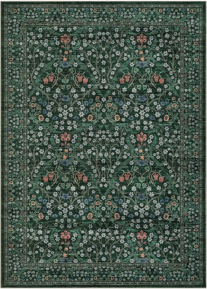 GarveeHome Washable Rug for Living Room, 8x10 Large Area Rug for Dining Room Under Table, Bedroom, Floral Soft Low Pile Non Slip Stain Resistant Carpet for Nursery, Playroom, Office, Dark Green