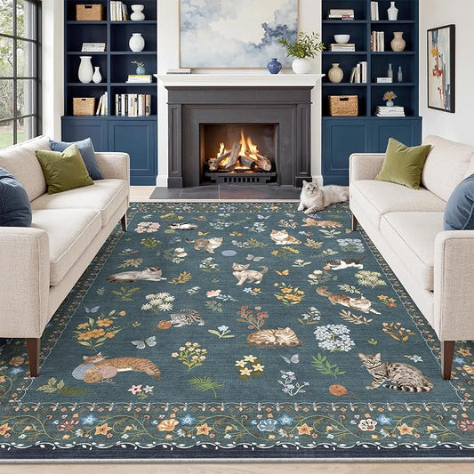 Soalmost Cat 9x12 Area Rugs for Living Room, Machine Washable Animal Floral Vintage Rug Non-Slip Low Pile Soft Throw Large Rugs for Classroom Bedroom Dining Room Nursery Playroom (9 x 12,Navy Blue)