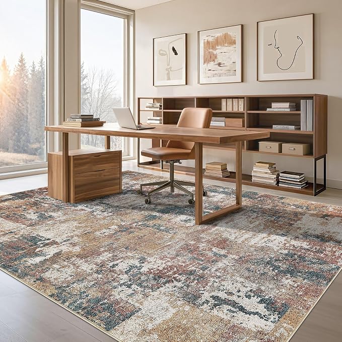 Tortania Washable 8x10 Area Rug for Living Room: Modern Abstract Neutral Large Soft Thin Rugs - Non Slip Indoor Carpet for Bedroom Dining Room Office Nursery Home Floor Decoration - Colorful Multi