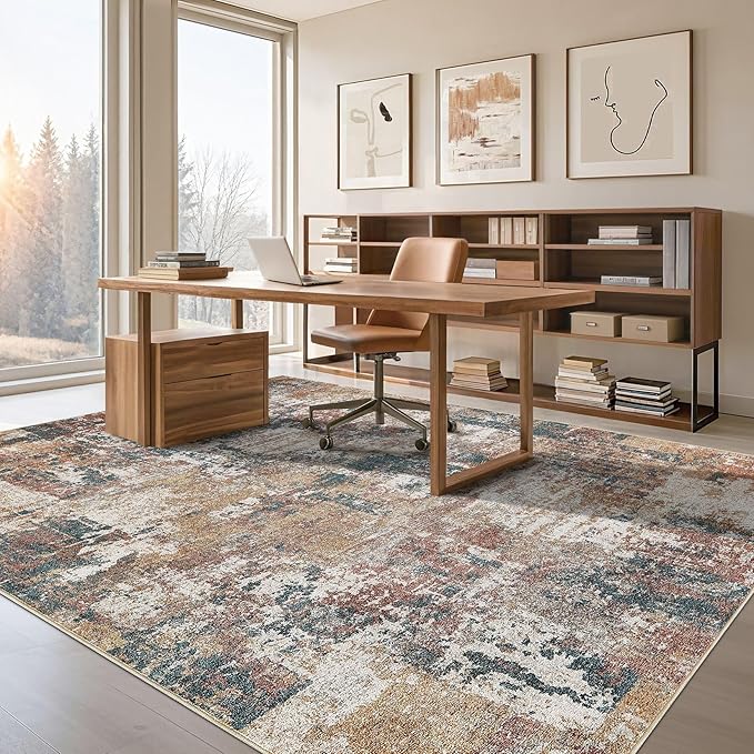 Tortania Washable 10x12 Area Rug for Living Room: Modern Abstract Neutral Large Soft Thin Rugs - Non Slip Indoor Carpet for Bedroom Dining Room Office Nursery Home Floor Decoration - Colorful Multi