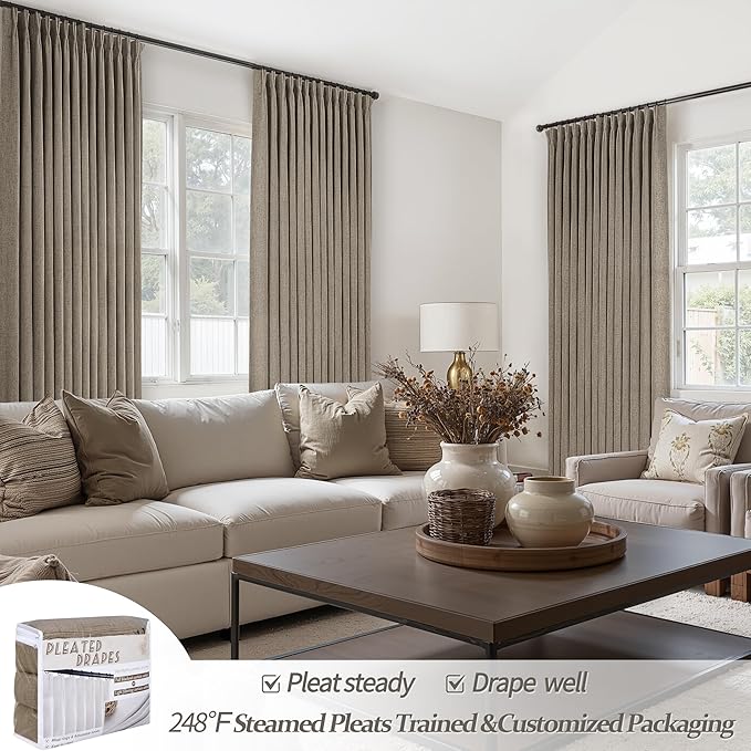 Pinch Pleated Extra Wide Bedroom Curtains 70 x 84 Inches Long 2 Panels Set, Memory Trained Dark Flax Linen Blend Semi Sheer Farmhouse Light Filtering Privacy Windows Drapes for Living Room 7 FT Length