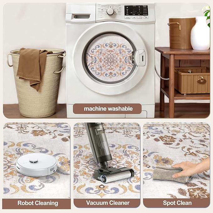 Tangsoo 2x6 Washable Runner Rug Non Slip, Vintage Boho Neutral Hallway Rug for Entry Kitchen, Soft Low Pile Beige Floor Carpet Runner for for Laundry, Bedroom, Living Room Home Decor