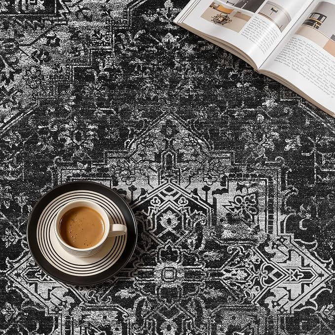 UERMEI 10x14 Area Rug Living Room Rugs - Washable Vintage Soft Large Rug Indoor Floor No Slip Rug Carpet for Bedroom Farmhouse Under Dining Table Home Office Decor - Black