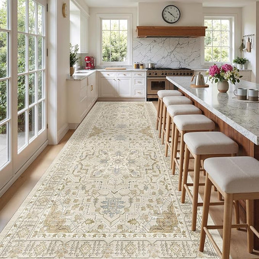 Madane 4x10 Wide Hallway Runner Rug Washable for Living Room, Beige/Blue | Soft Stain Resistant Ktichen Runners 10ft, Vintage Non Slip Low Pile Area Rugs, Thin Floor Carpet for Bathroom Dining Bedroom