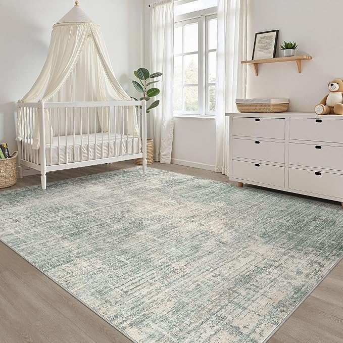 7x10 Area Rug Living Room: Washable Large Neutral Green Rugs Abstract Soft Modern Stain Resistant Indoor Floor Non-Slip Carpet for Bedroom Nursery Kids Office Playroom Dining Room Under Table Home
