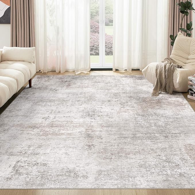 Abstract 6x9 Area Rug: Machine Washable Non Slip Ultra Thin Low-Pile Carpet, Soft Stain Resistant for Living Room Bedroom Nursery, Kid Pet Friendly, Robot Vacuum Compatible - Brown Grey