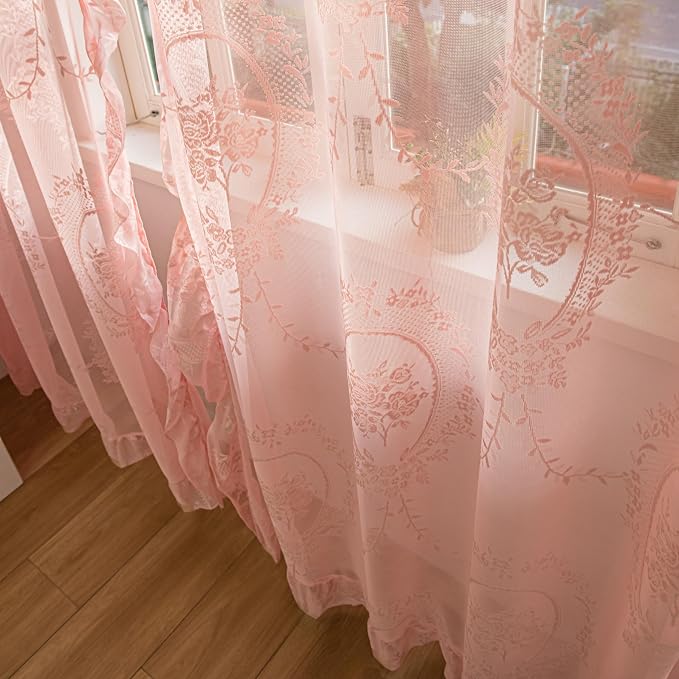 Sutuo Home Pink Lace Curtains 84 Inches Long 2 Set, Sheer Panels Rose Floral Embroidery Ruffled Vintage Voile Window Treatment Pair for Girl's Bedroom Living Room, Rod Pocket, W57 x L84