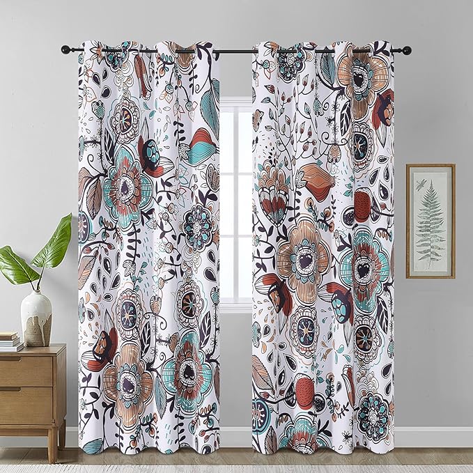 Estelar Textiler White Boho Abstract Vintage Floral Curtains 84 Inch Long for Bedroom,Colorful Flowers Pattern Classic Design Room Darkening Window Grommet Drapes for Living Room,52Wx84L,2 Panels
