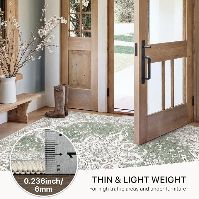 GENIMO 5X7 Washable Vintage Area Rugs for Living Room, Non-Slip Low Pile Chenille Print Rug, Soft Rugs for Bedroom Dining Room Home Office, Sage & Linen