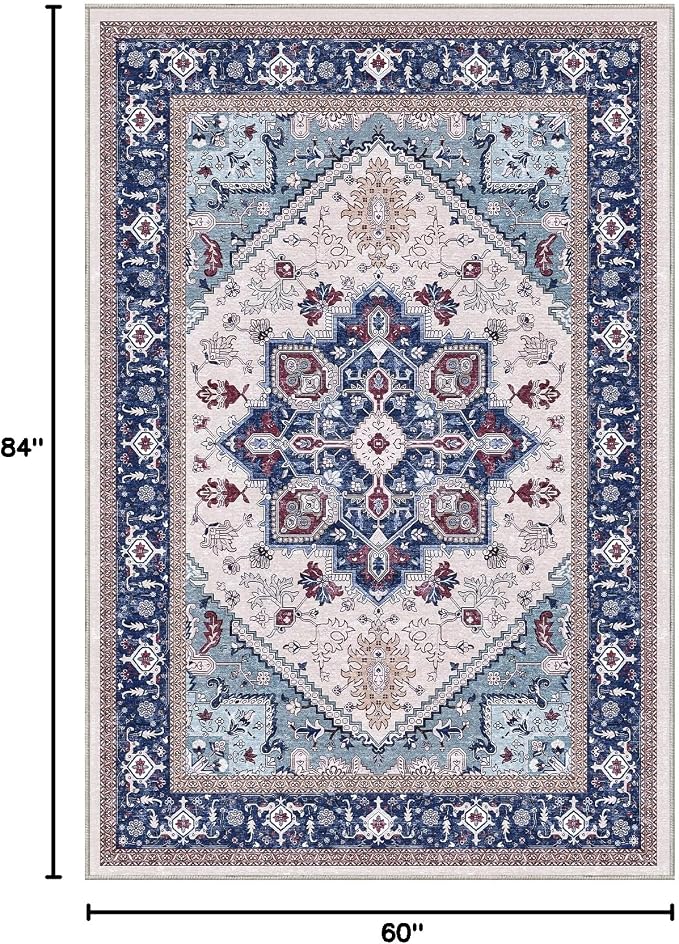OPPODREAM Soft Area Rugs 5x7, 5x7 Washable Rug with Non Slip Backing, 5 x 7 Faux Cashmere Low-Pile Carpet, Navy Blue & Red & Cream