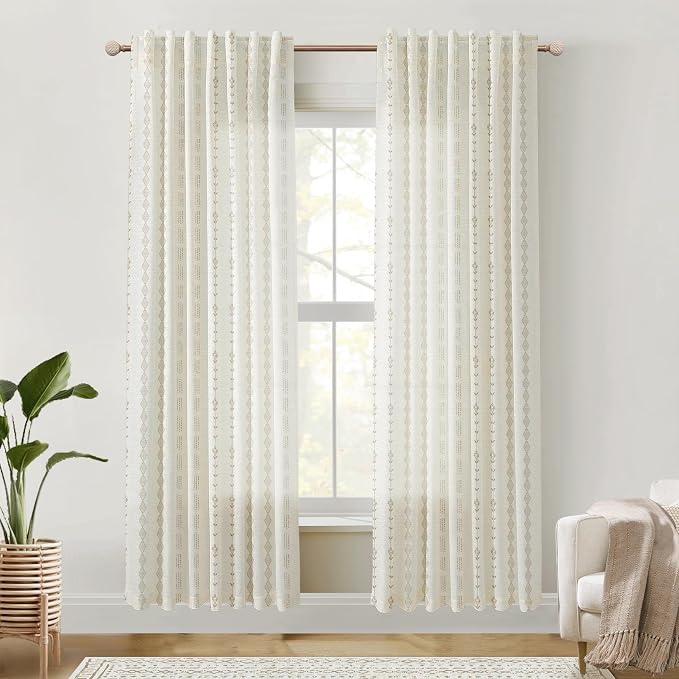 Closet Curtain 80 Inch Length for Open Closet, Boho Doorway Curtain for Door, Decorative Privacy Linen Sheer Striped Pattern Room Divider Curtains for Room Separation Bedroom, 50" W x 80" L, 2 Panels