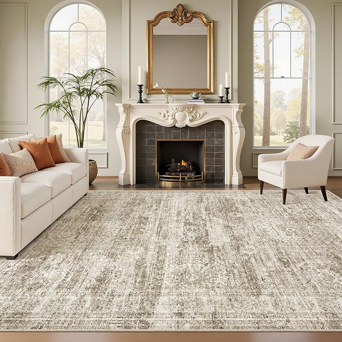 Soalmost 7x10 Area Rug for Living Room Washable Abstract Vintage Soft Thin Indoor Floor Non-Slip Carpet for Bedroom Dining Room Brown