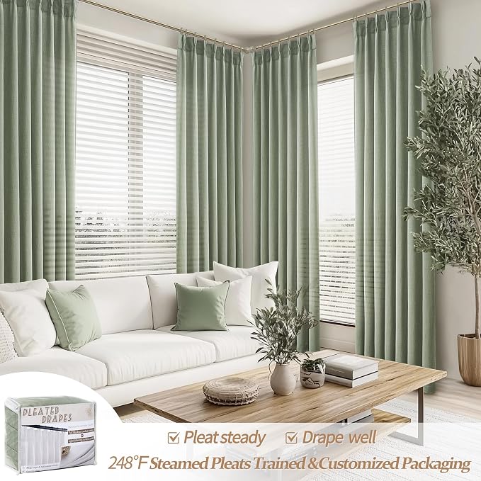 PleatedDrapes Sage Green Farmhouse Curtains for Living Room 96 Inches Long 2 Panels Set, Pinch Pleat Linen Sheer Curtain Light Filtering Privacy for 96 Inch Length Large Window Drape(Hooks & Back Tab)