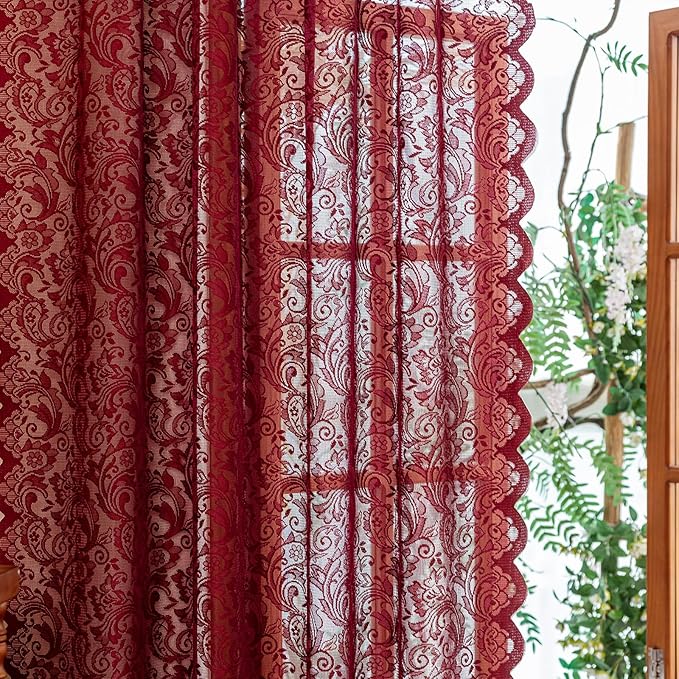 ALIGOGO Burgundy Lace Curtains 72 Inch Length, Retro Sheer Flower Maroon Sheer Curtains for Bedroom French Door, Luxury Light Filtering Rod Pocket Aesthetic Window Treatments, 52 W x 72 Inch, Wine Red