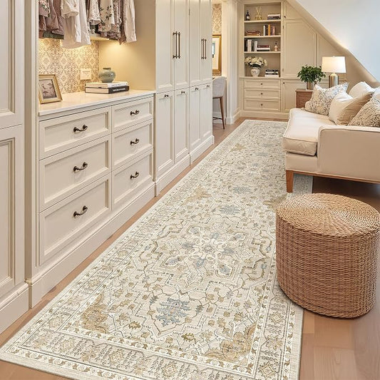 Madane Hallway Runner Rug 3x10 Washable Kitchen Runners 10ft, Beige/Blue | Vintage Non-Slip Entryway Area Rugs Indoor, Soft Low-Pile Farmhouse Wide Floor Carpet for Bathroom Living Room Bedroom Foyer