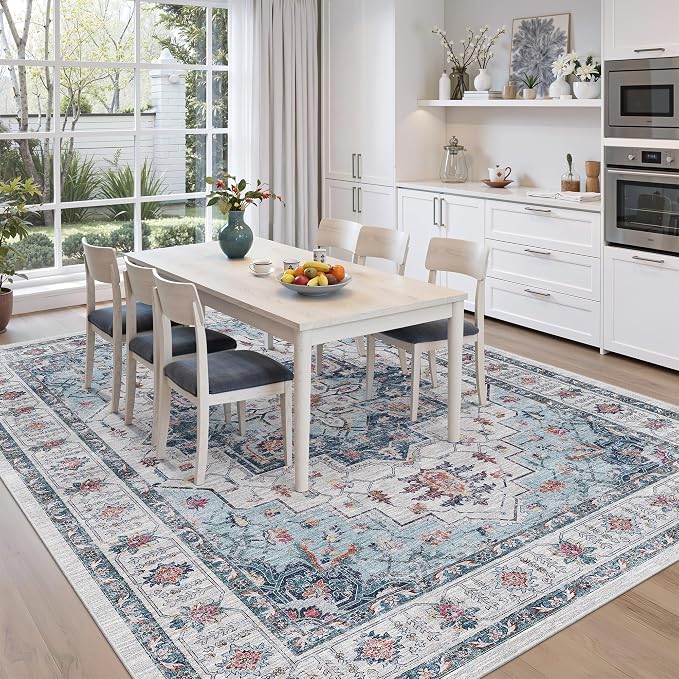 zesthome Area Rugs 9x12, Washable Rug Non-Slip Low Pile Rugs for Living Room, Bedroom, Home Decor Vintage Large Area Rug (Blue,9'x12')