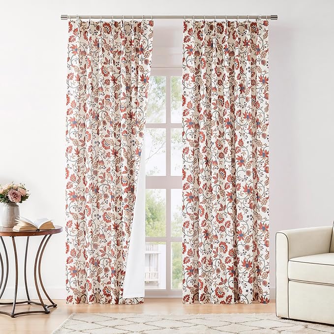Vision Home Red Floral Pinch Pleat Light Filtering Curtains, Linen Pleated Drapes with Microfiber Liner & Back Tab Hooks for Living Room Bedroom, Vine Botanical Print Panels 40x95 Inch Set of 2