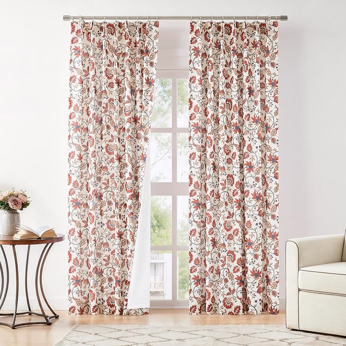 Vision Home Red Floral Pinch Pleat Light Filtering Curtains, Linen Pleated Lined Cottage Drapes Back Tab Hooks for Living Room Bedroom, Vine Botanical Jacobean Print Panels 40x102 Inch Set of 2