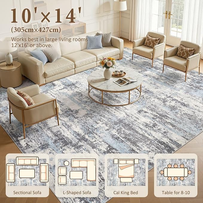 Area Rugs 10x14 Living Room: Washable Large Abstract Modern Neutral Soft Rug Stain Resistant Non-Slip Backing Carpet for Bedroom Dining Room Indoor Home Office Decor - Blue Grey