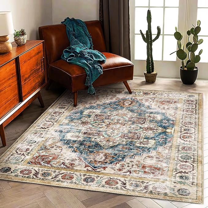 CHAMPLANT Retro Washable Area Rug 3'x5' Washable Living Room Boho Chic Medallion Distressed DesignIndoor Non-Slip Large Oriental Accent Throw Rug for Kitchen Bedroom Office Carpet