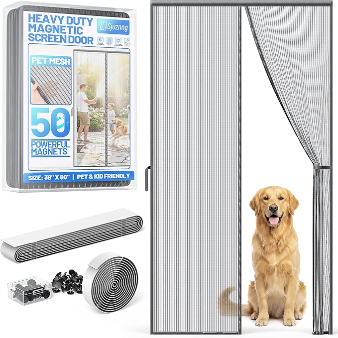 Heavy Duty Magnetic Screen Door Mesh - Auto-Sealing Hand-Free Door Net Screen with 50 Magnets, Pet & Kid Friendly, PET Fine Mesh Doors Screens Keep Bugs & Mosquitos Out Fits Front Doors Size 36” x 78”