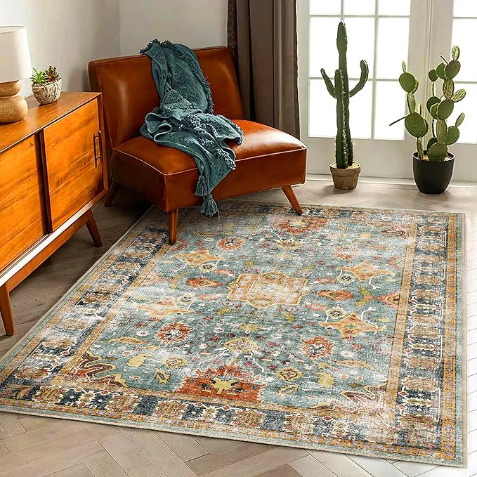 CHAMPLANT Area Rug 3'x5' Washable Vintage Traditional Floor Rugs Cover Foldable Thin Retro Accent Indoor Distressed Non Slip Carpet Floral Print Mat Bedroom Living Room Bathroom