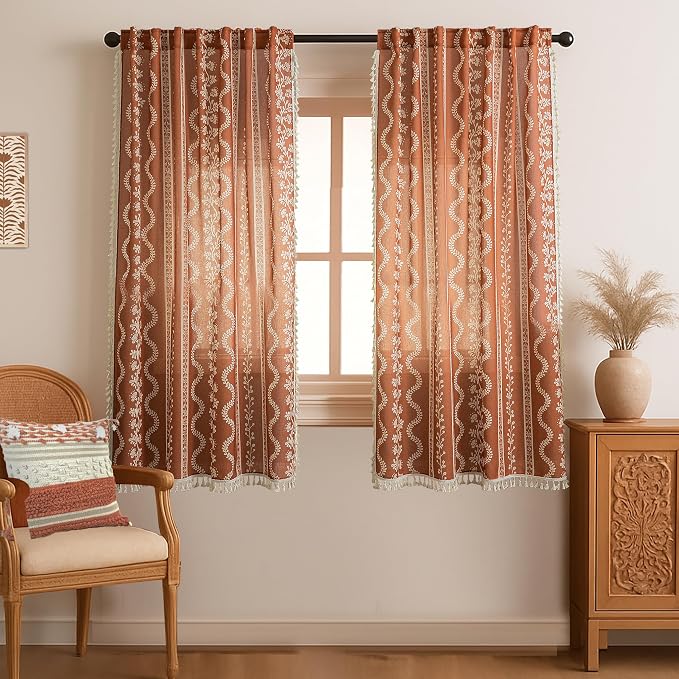 63 Inch Length Boho Floral Curtains, Terracotta Burnt Orange Pattern Light Filtering Sheer Drapes, Vintage Farmhouse Curtains for Living Room Bedroom Kitchen 2 Panel Set