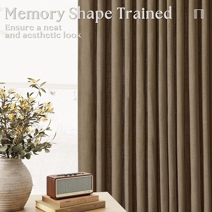 Dutch Cocoa Pinch Pleated Linen Curtains 96 Inches Long 60 Inch Width Linen Blend Light Filtering Window Curtains 96 Inch for Living Room Bedroom Patio Pinch Pleat Drapes Hooks Rings 1 Panel 60Wx96L