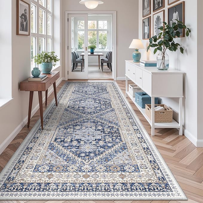 zesthome 4x12 Runner Rug for Hallway, Low-Pile Wide Runner for Entryway, Long Washable Non-Slip Kitchen Rug, Soft Modern Home Decor Mat for Living, Laundry Room(Blue/Beige,4'x12')
