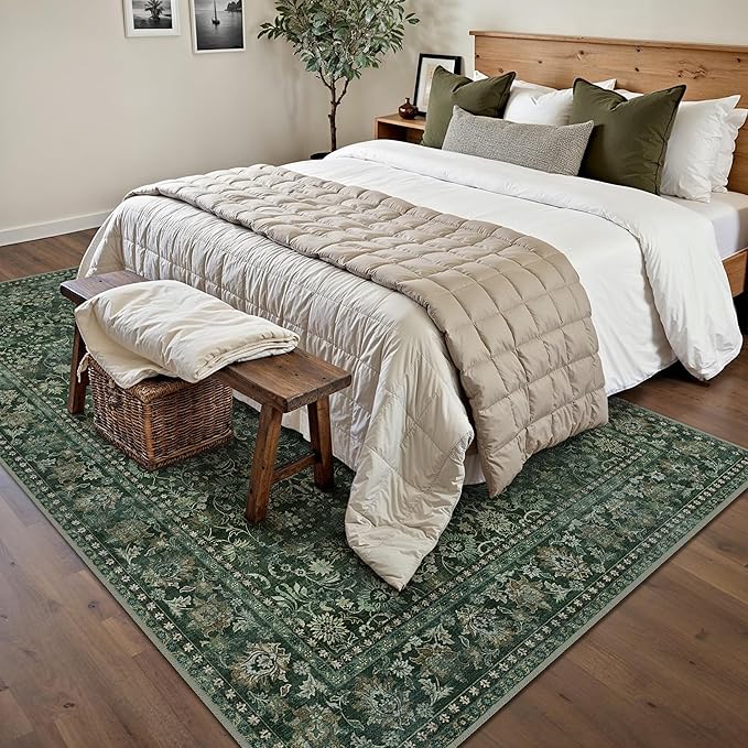 HUGEAR 5x7 Machine Washable Rugs Dark Green Hallway Area Rug Indoor Accent Rug Floral Low Pile Carpet Soft Throw Aesthetic Rug Bedroom Living Room Office Dining Room Kitchen Laundry Room Non Slip