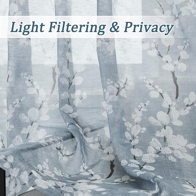 FMFUNCTEX Linen Sheer Curtains for Bedroom, Blue White Blossom Print Curtains 96 Inches Long for Living Room,Floral Patterned Farmhouse Curtain Light Filtering Window Drapes 2 Panels, Rod Pocket