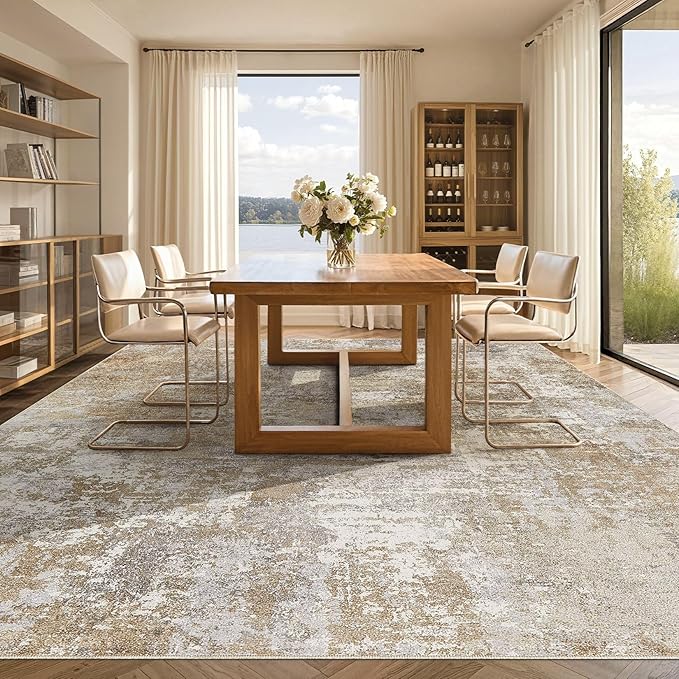 Tortania Washable 5x7 Area Rug for Living Room: Modern Abstract Neutral Large Soft Thin Rugs - Non Slip Indoor Carpet for Bedroom Dining Room Office Nursery Home Floor Decoration - Brown Grey