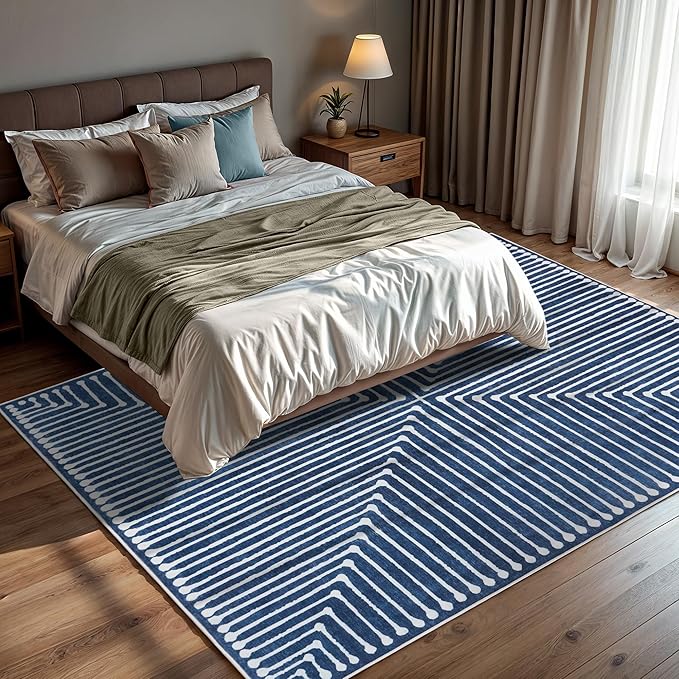 GLN Rugs Contemporary Collection - Machine Washable Area Rug, Contemporary Washable, Non Slip, Low Pile Chenille Rug, Living Room, Bedroom, Kitchen Rug (6' x 9' Lines Blue)