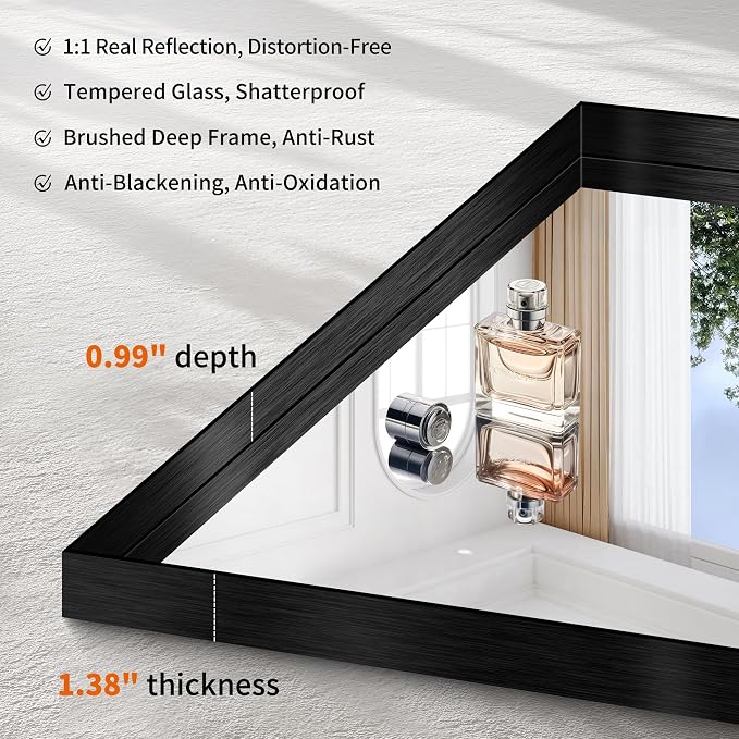 CIRCUMI Black Bathroom Mirror, 42"x42" Rectangular Mirror with Deep Metal Frame, Brushed Finish, Tempered Glass, Mirror for Wall, Oversink, Bedroom, Installed Vertically/Horizontally, Crystal-Clear