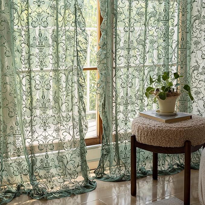 TUDECO Dark Green Curtains 96 Inch Long - Antique Embroidered Lace Sheer Curtains for Living Room, Farmhouse Summer Floral Forest Ruffle Rod Pocket 2 Panels, 8 FT 59W x 96L, Olive Green