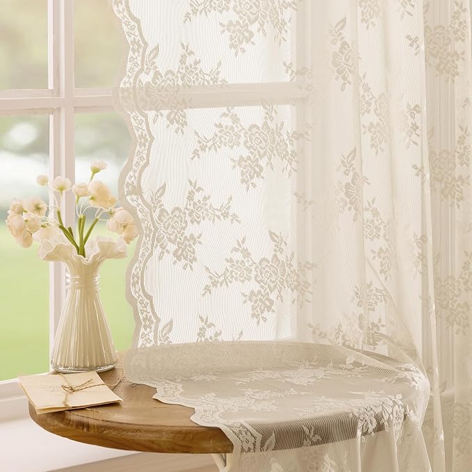 MEETSKY Beige Lace Sheer Curtains 90 Inches Long for Dining/Living Room Vintage Victorian Curtain French Elegant Rod Pocket Light Filtering Drapes, 50" Wide Each Panel, 2 Panels, Oatmeal Beige