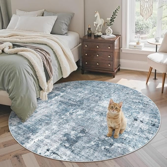 Soalmost 5x5 Blue/Grey Round Rug 5ft Living Room Circle Rug Vintage Round Area Rug Non Slip Indoor Carpet for Entryway Dining Room Bedroom