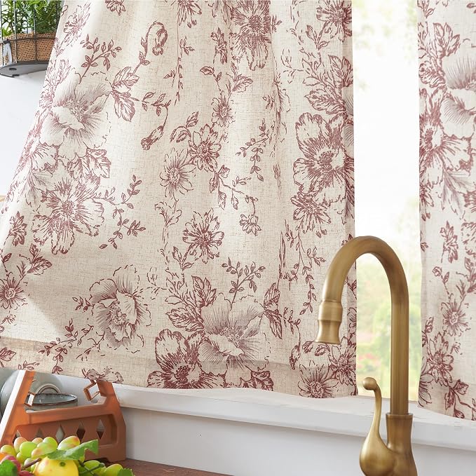 jinchan Floral Linen Tier Curtains Floral Brick Red on Beige Cafe Curtains 36 Inch Length Kitchen Living Room Bedroom Bathroom Farmhouse Rustic Country Rod Pocket 2 Panels