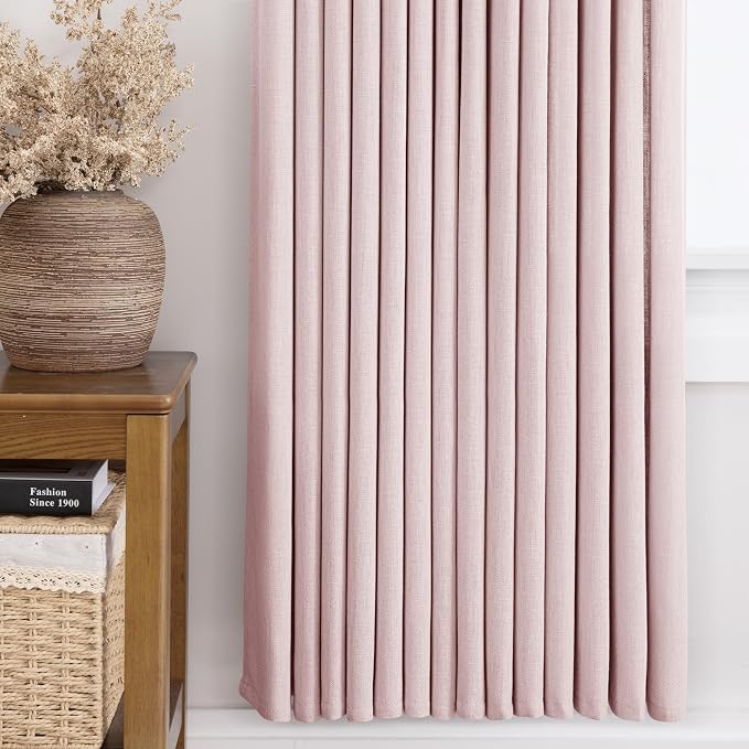 Pink Pinch Pleated Linen Curtains 45 Inch Length 2 Panels for Living Room Bedroom Textured Pink Semi Sheer Drapes Pinch Pleat Rings Window Curtain 40x45