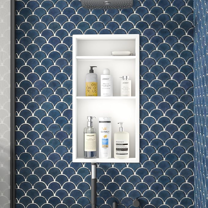 Stainless Steel Shower Niche 24" X 12" White No Tile Needed Vertical Niche Shower with Three-Tier Shelves Recessed Wall Niches for Bathroom Storage Over Mount Installation