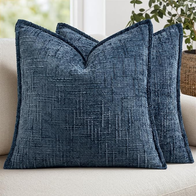 MIULEE Slubby Textured Decorative Throw Pillow Covers 22x22 Inch Set of 2 Boho Farmhouse Soft Cozy Chenille Pillows Cushion Cases Modern Coastal Home Decor for Couch Sofa Bed Living Room, Navy Blue