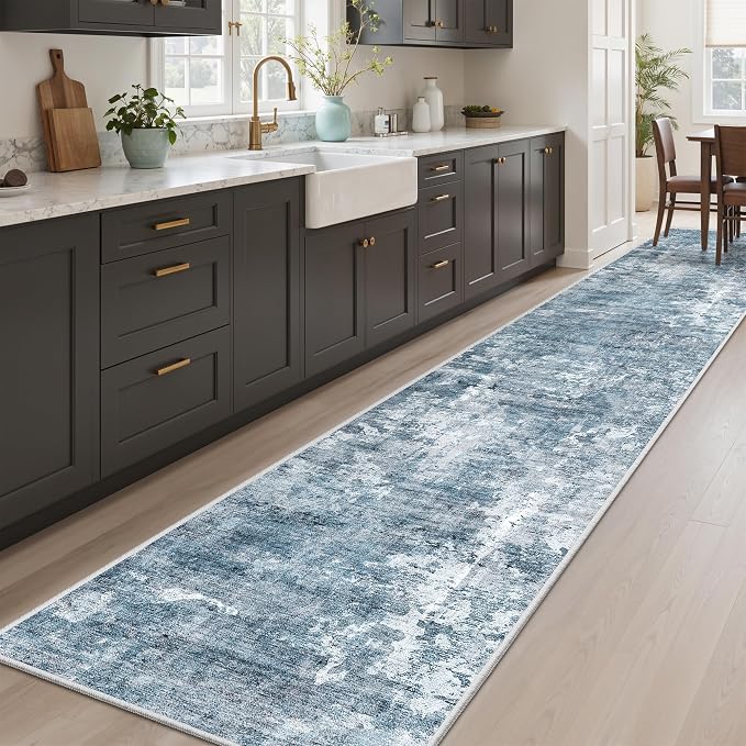Soalmost Runner Rug 2x12 Washable Non-Slip Hallway Runner Rugs for Kitchen Bathroom Laundry Room Blue/Grey Vintage Floor Carpet Runners for Hallways Entryway