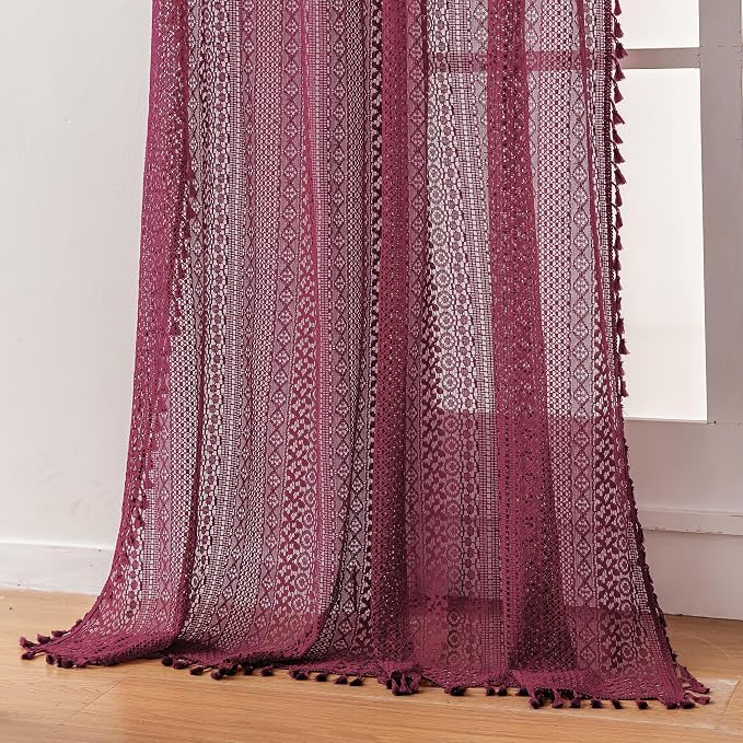 WAZZIO Boho Lace Curtains 63 Inches 2 Panel,Light Filtering Privacy Tassel & Geometry Crochet Semi Sheer Curtain Drapes for Bedroom Living Dining Room,Rod Pocket & Tassel,Burgundy Red