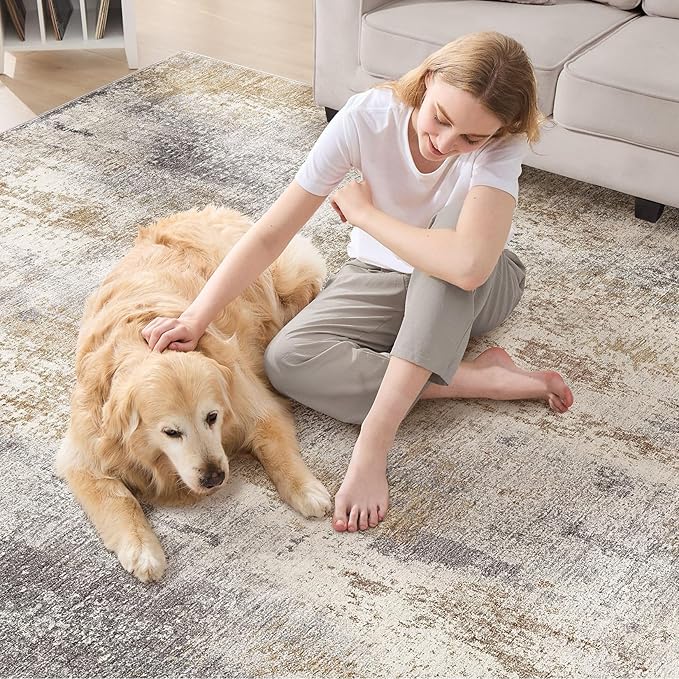 DMOYEST Area Rug Living Room Rugs - 10x14 Washable Large Soft Indoor Neutral Modern Abstract Low Pile Rug Carpet for Bedroom Dining Room Farmhouse Home Office - Brown Grey