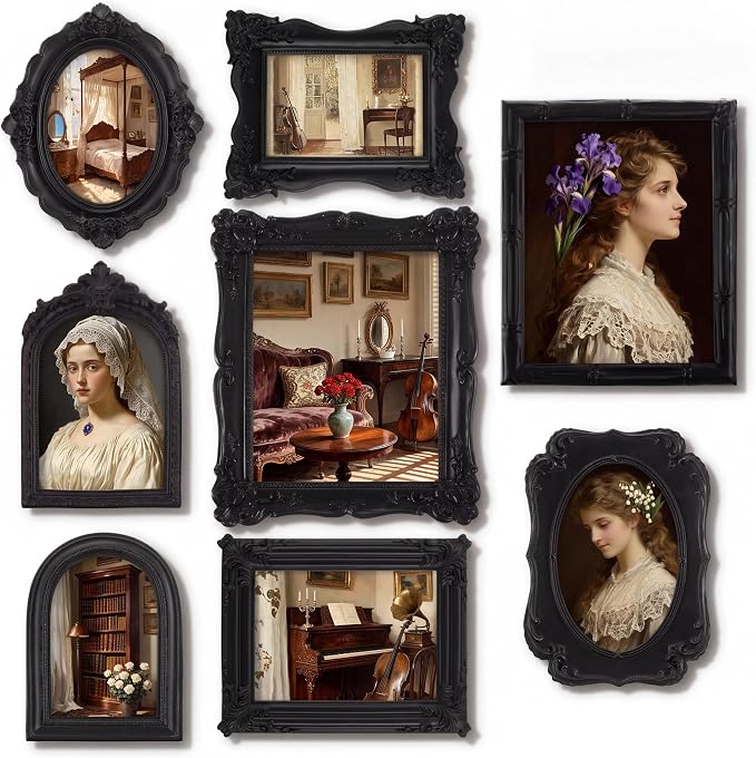 Lineshading 8 Pcs Gothic Picture Vintage Gallery Wall Frame Set, 8x10, 5x7 & 4x6 Antique Black Ornate Resin Picture Frame Collage Gothic Home Decor for Wall Tabletop Display for Bedroom