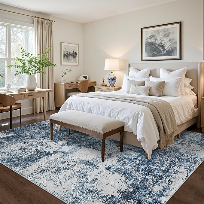 8x10 Area Rug for Living Room Bedroom: Large Washable Rug with Anti-Slip Backing Non-Shedding Stain-Resistant Soft Abstract Carpet for Dining Room Nursery Home Office (Blue)