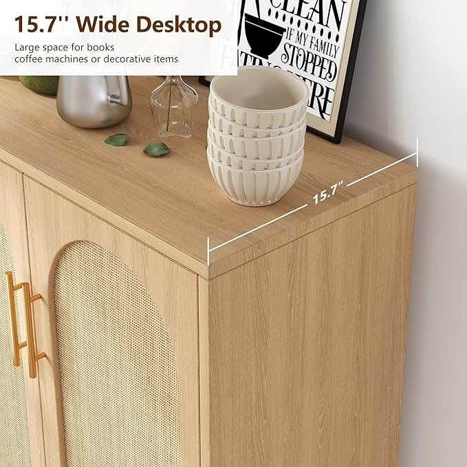 Set of 2 Rattan Buffet Cabinet with Storage, 59 Inch Sideboard with Adjustable Shelf and Solid Wood Legs, Floor Storage Cabinet with 4 Doors, Coffee Bar for Kitchen, Living Room, Hallway, Natural
