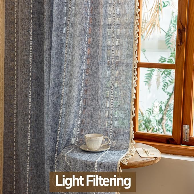 Blue Boho 96 inch Curtains 2 Panel Set for Living Room Dining room Floor to Ceiling, Light Filtering Tassels Privacy Country Vintage Embroidery Bohemian Stripes Window Treatment Back Tab, 50"W