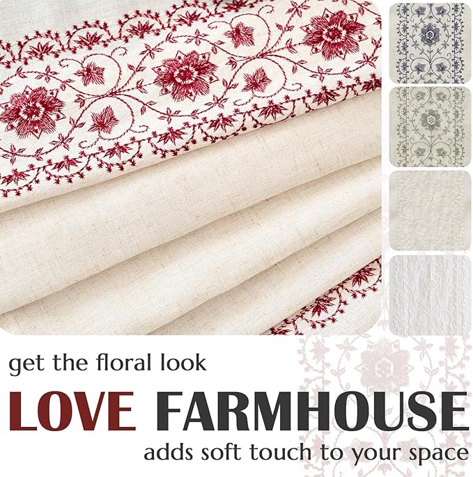 jinchan Boho Curtains for Bedroom Red Vintage Floral Farmhouse Curtains 63 Inch Linen Blend Drapes for Living Room Embroidered Light Filtering Drapes Rod Pocket Red on Beige 2 Panels